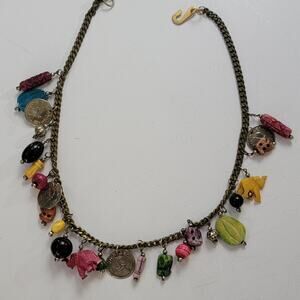 Vintage Balboa Coin Charm Necklace with Colorful Beads on Brass Chain 20 Inch
